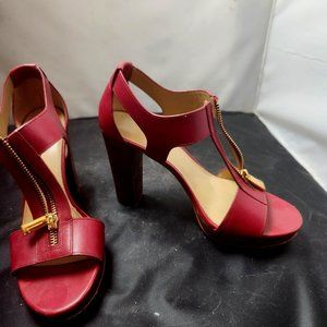 Red Michael Kors stacked heel leather zipper shoes